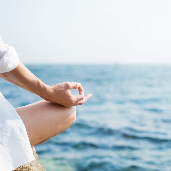 serenity and yoga practicing at sunset, meditation